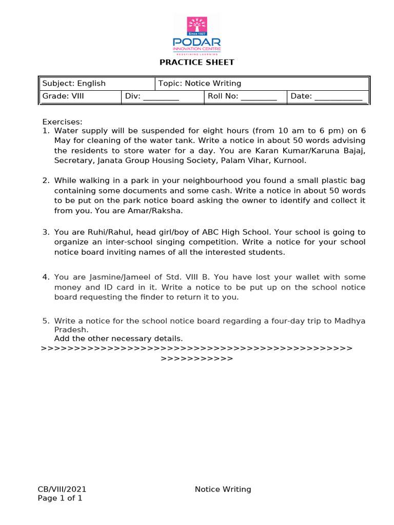 WS CB VIII Eng Notice Writing | PDF