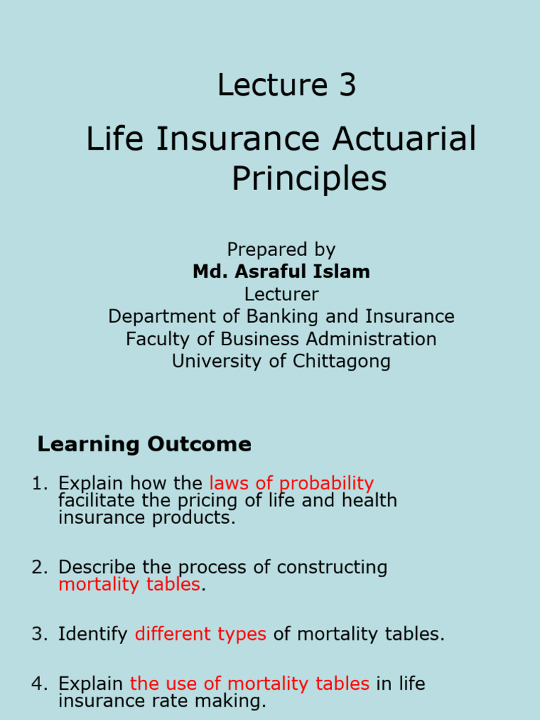 Lecture 3 - Life and Health Insurance Actuarial Principles | PDF ...