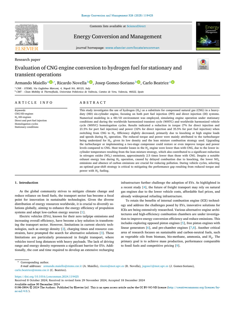Evaluation of CNG Engine Conversion To Hydrogen Fuel 2025 Energy ...