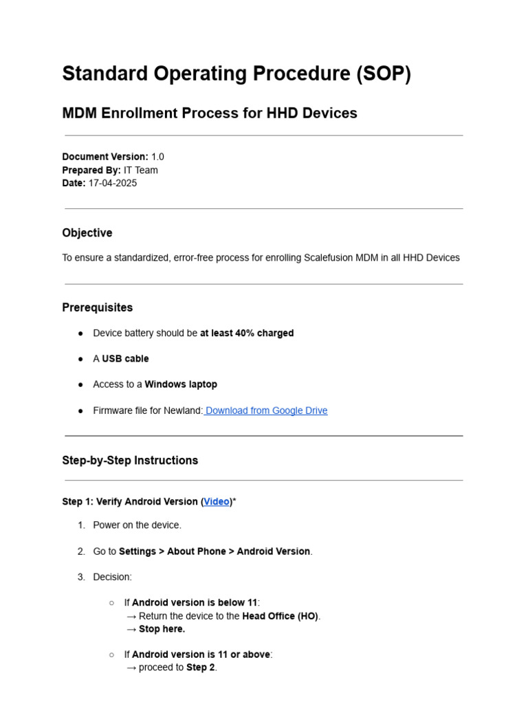 SOP - MDM Enrollment Process For HHD Devices | PDF | Android (Operating ...