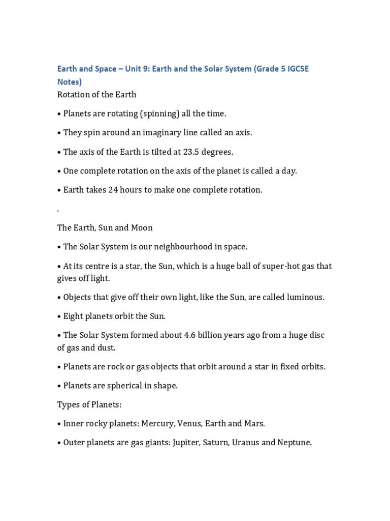 Earth and Space Unit9 Grade5 Notes | PDF | Planets | Mars