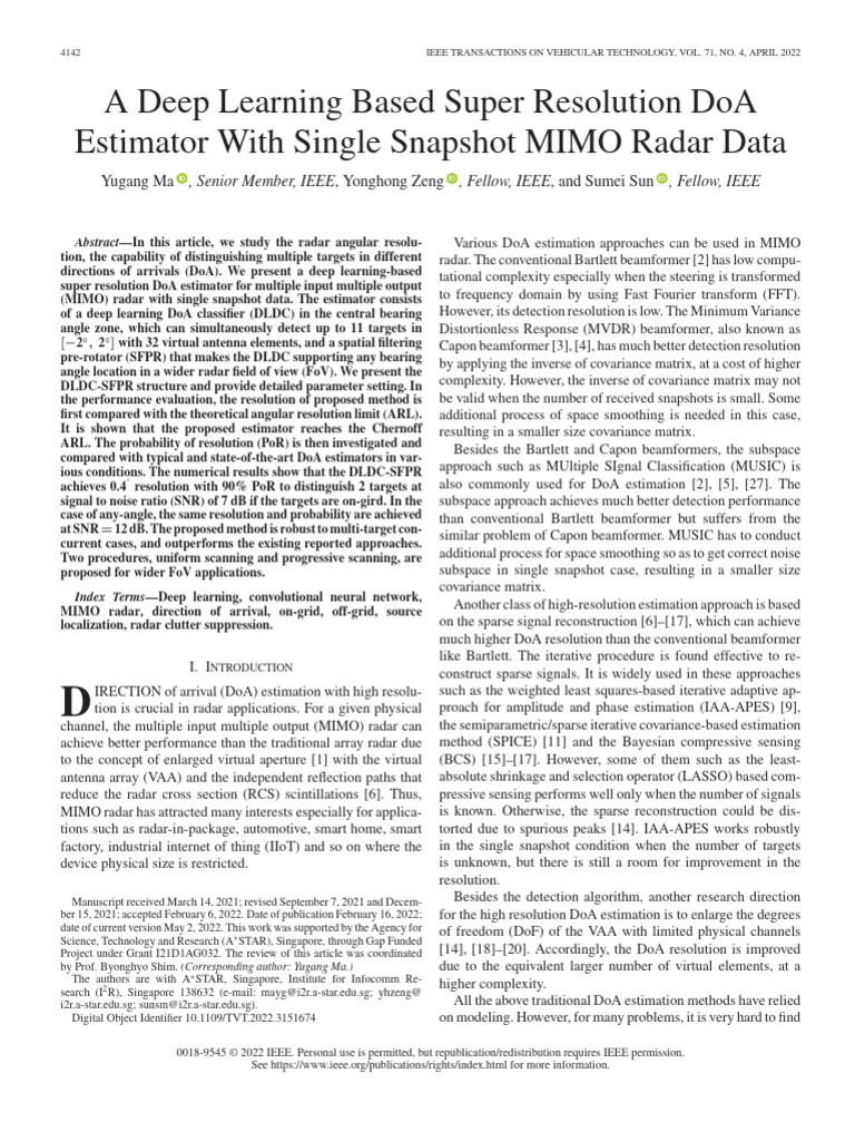 A Deep Learning Based Super Resolution DoA Estimator With Single ...