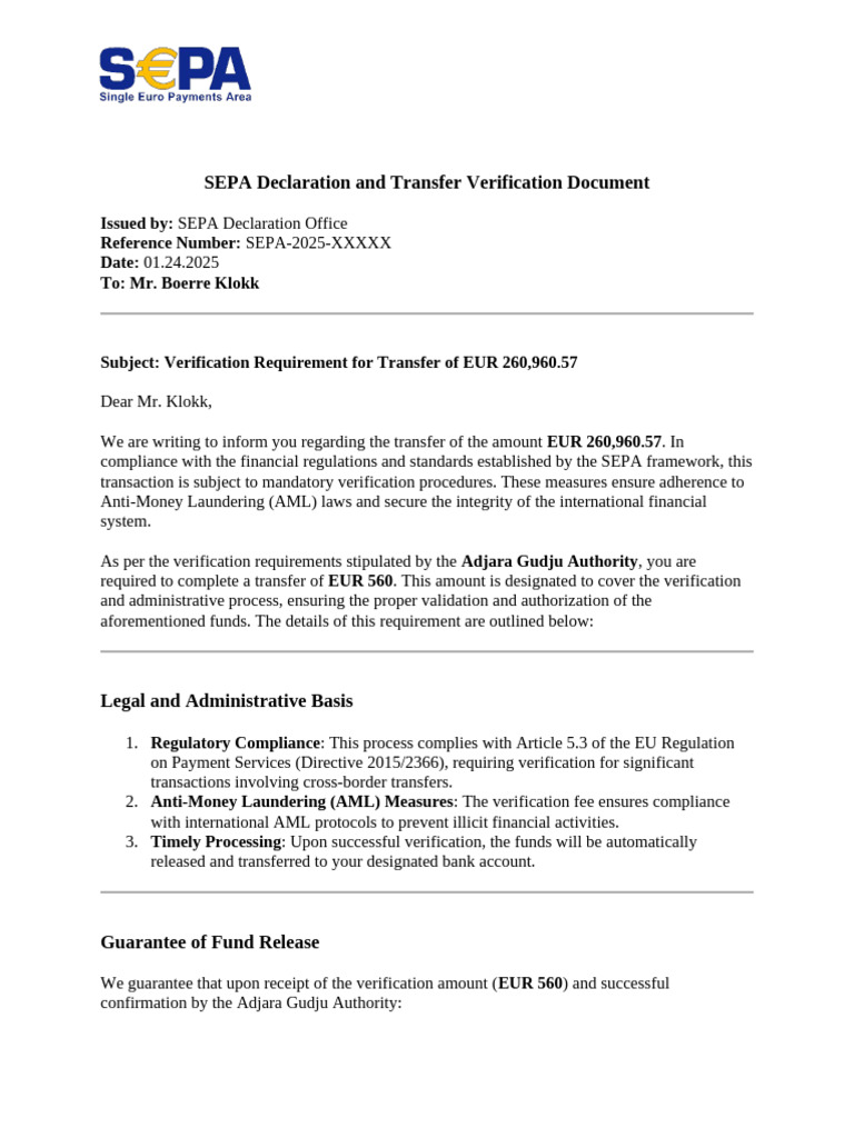 SEPA Declaration and Transfer Verification Document | PDF ...
