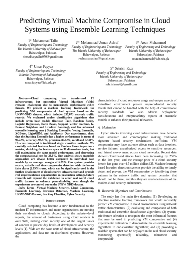 Predicting Virtual Machine Compromise in Cloud Systems Using Ensemble ...