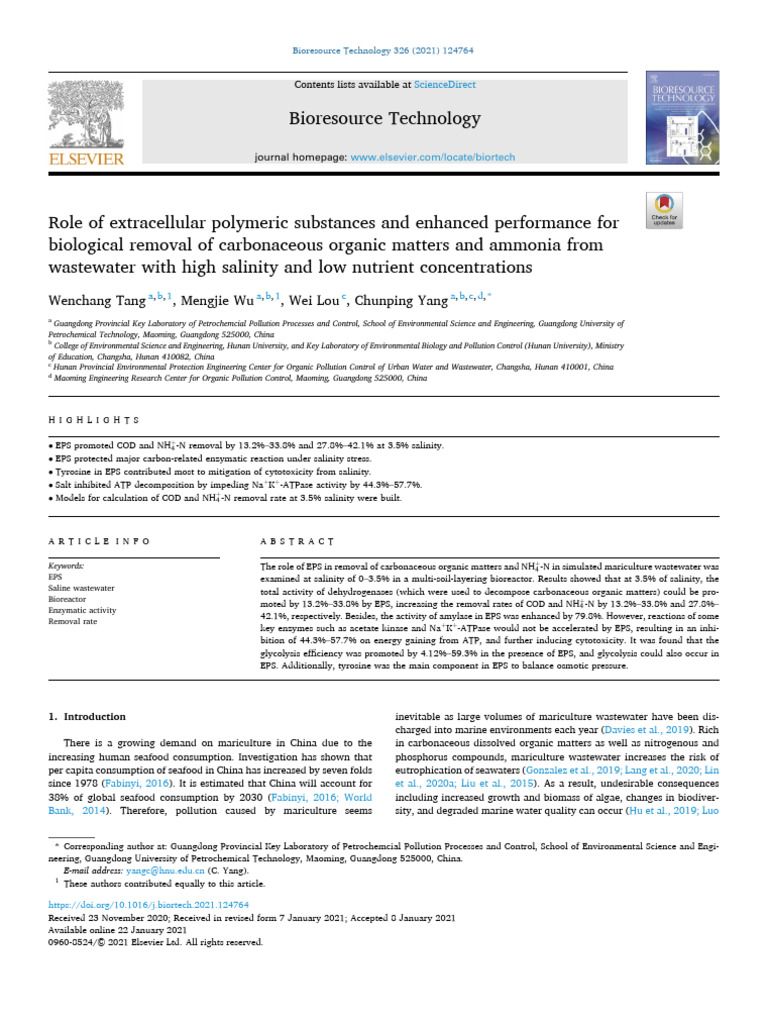 Role of Extracellular Polymeric Substances and Enhanced Performa 2021 ...
