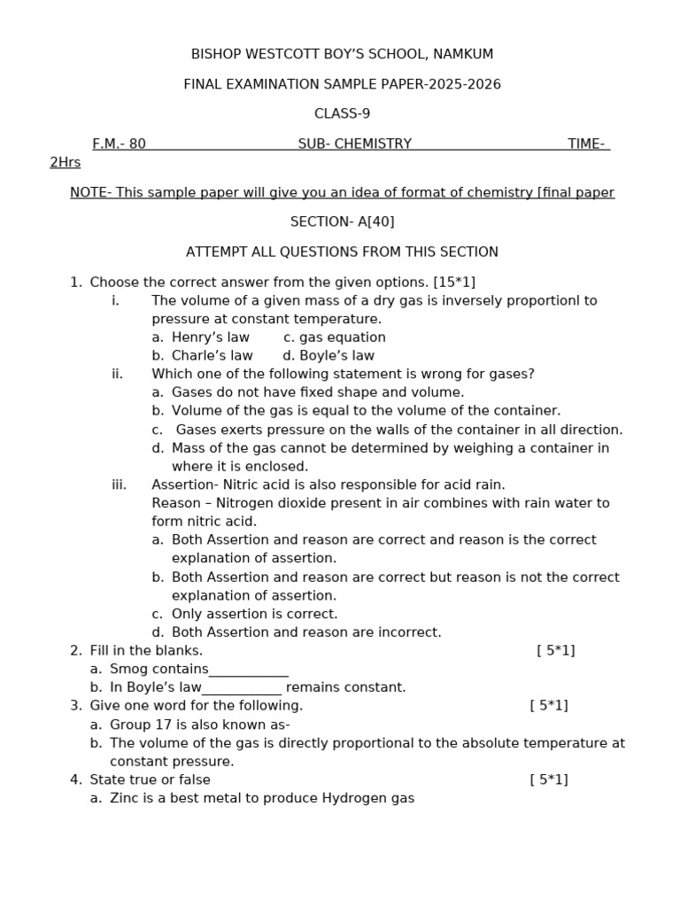 Class 9 Final Exam Sample Paper (2025-26) | PDF | Gases | Chemical Elements