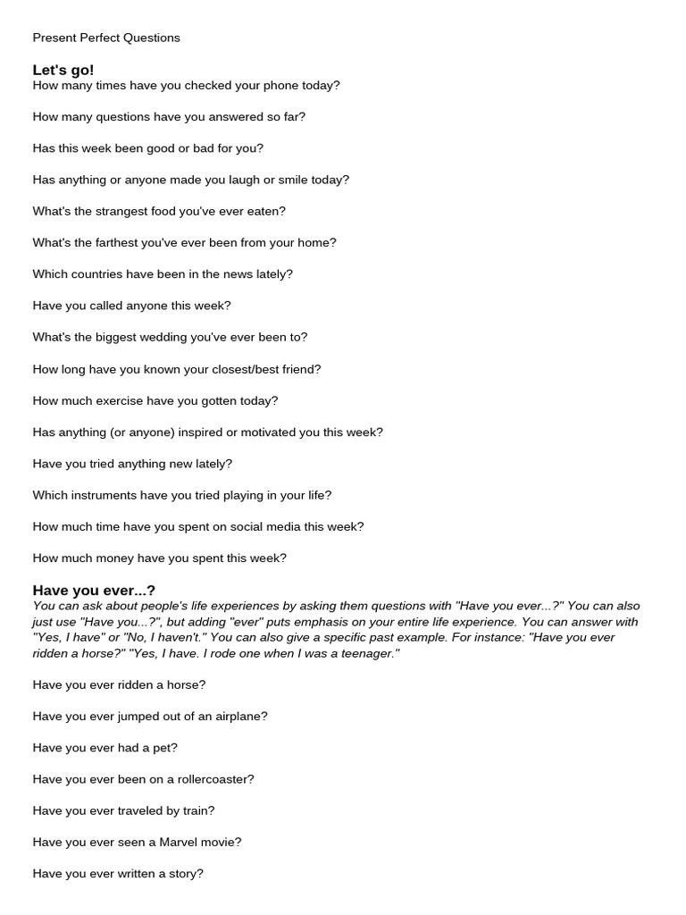 Present Perfect Questions | PDF