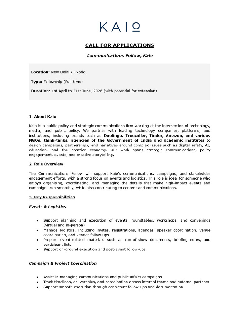 Communications Fellow, Kaio - Call For Applications | PDF | Social ...