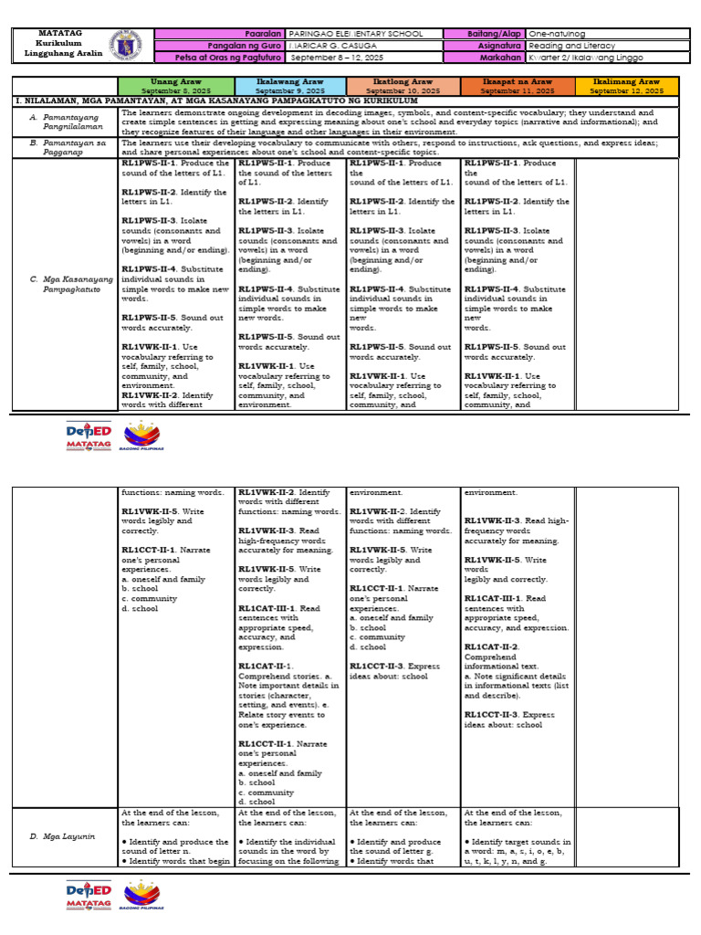 G1 Q2 DLL WEEK 2 Reading and Literacy | PDF | Tagalog Language | Vocabulary