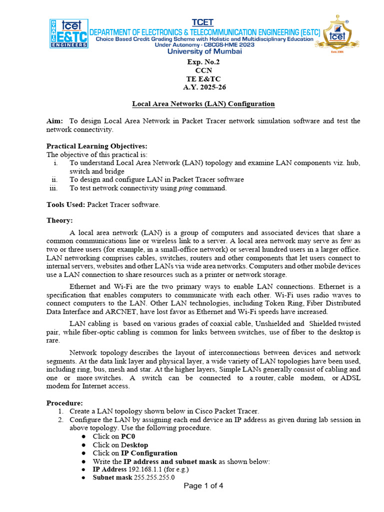 CCN Expt 2 LAN Configuration | PDF | Local Area Network | Computer Network
