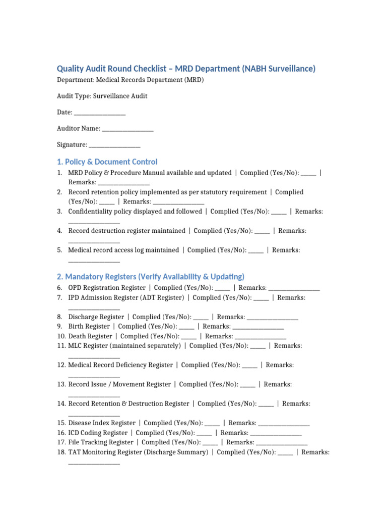 Updated Quality Audit Round Checklist MRD NABH Surveillance With ...