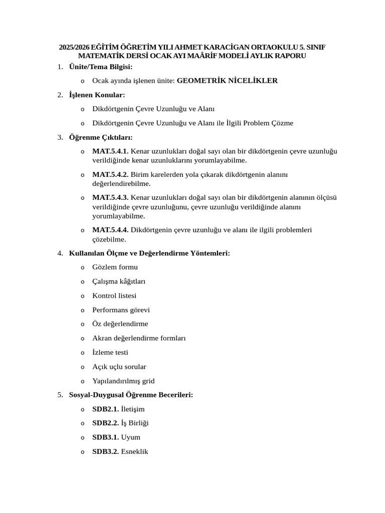Ocak Ayı Maârif Modeli Aylık Raporu | PDF