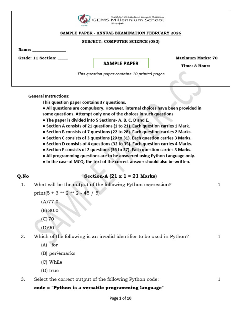 Gr.11 Cs Sample Paper 2026 | PDF | Computer Science | Software Engineering