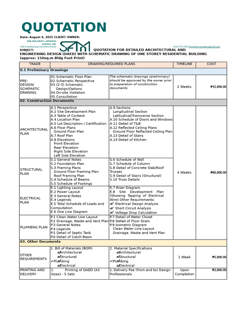 2025-0804 One Storey Residential QUOTATION | PDF | Plumbing | Civil ...