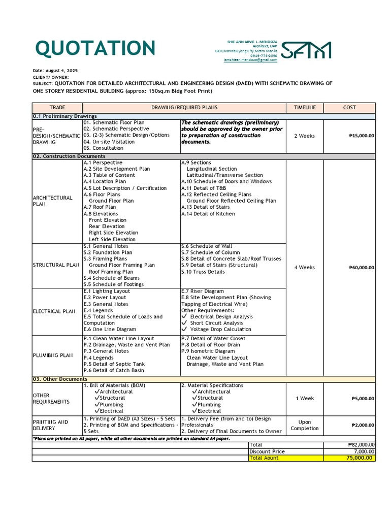 2025-0804 One Storey Residential QUOTATION | PDF | Building Engineering ...