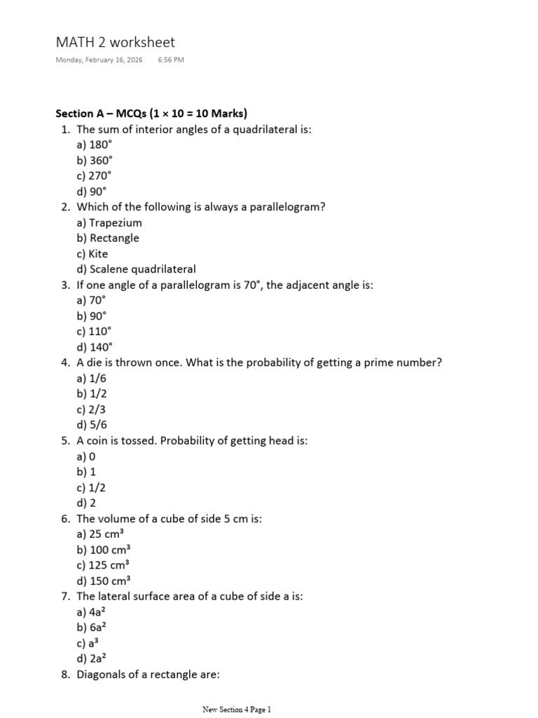 MATH 2 Worksheet | PDF | Area | Rectangle