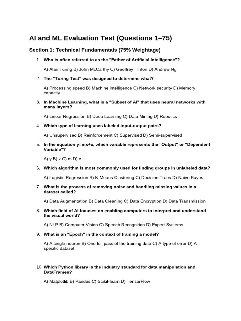 AI and ML Evaluation Test (Questions 1-75) Answer - Explanation | PDF ...
