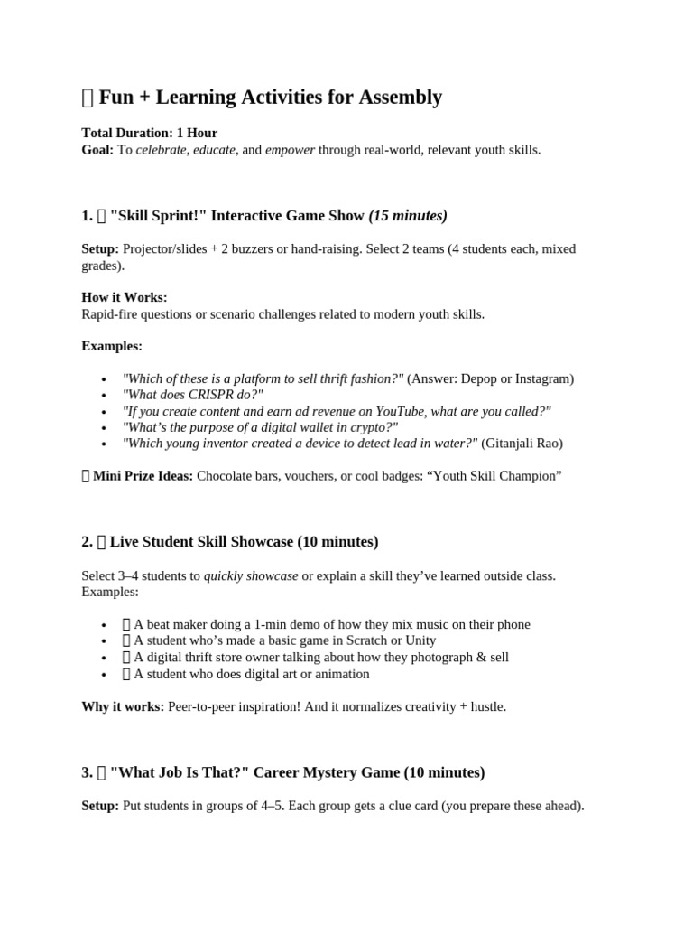 ? High School Assembly Activities 8s | PDF
