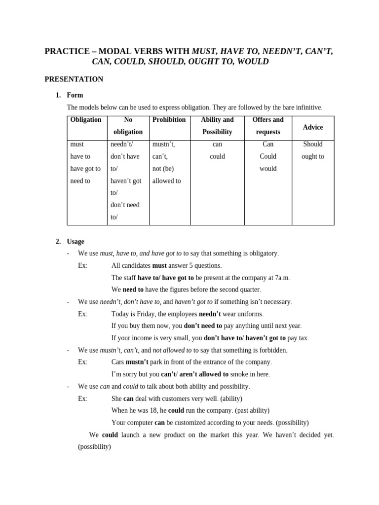 Grammar Practice - Modal Verbs | PDF