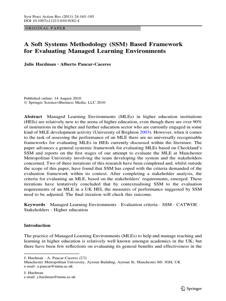 A Soft Systems Methodology (SSM) Based Framework For Evaluating Managed ...