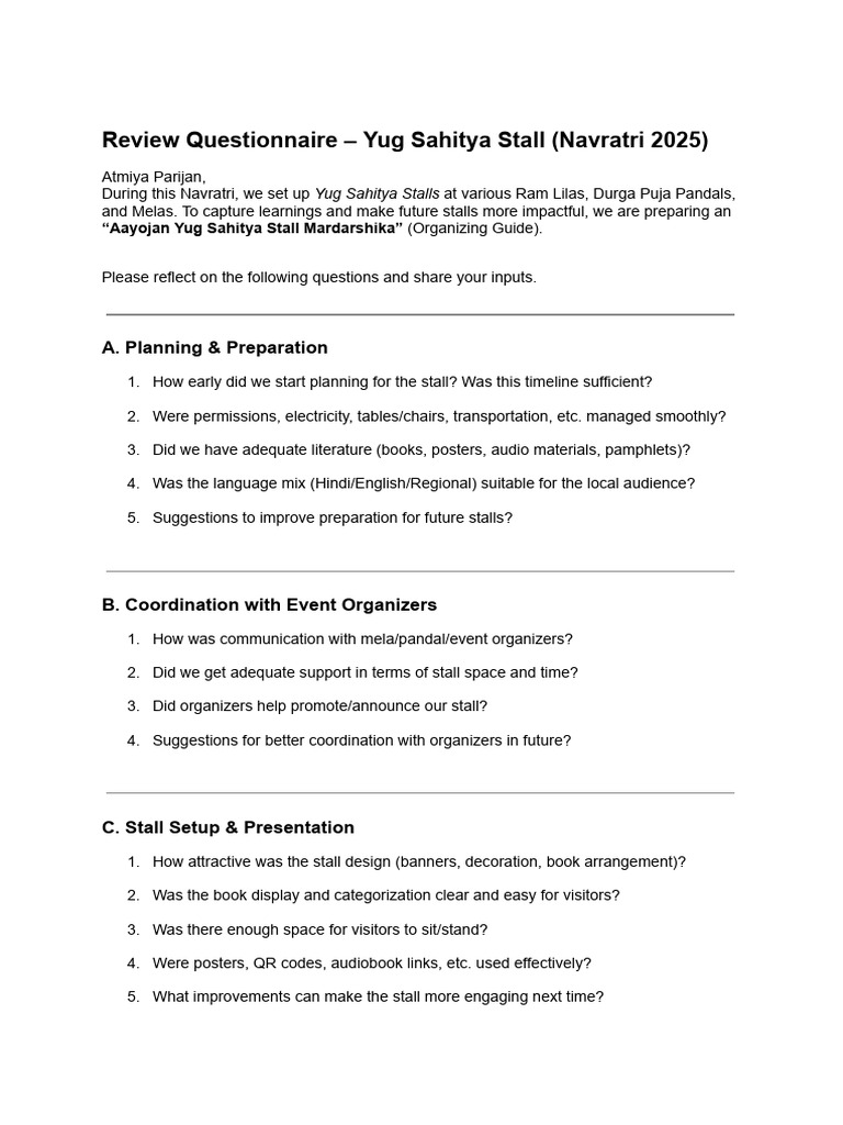 Review Questionnaire – Yug Sahitya Stall (Navratri 2025) | PDF
