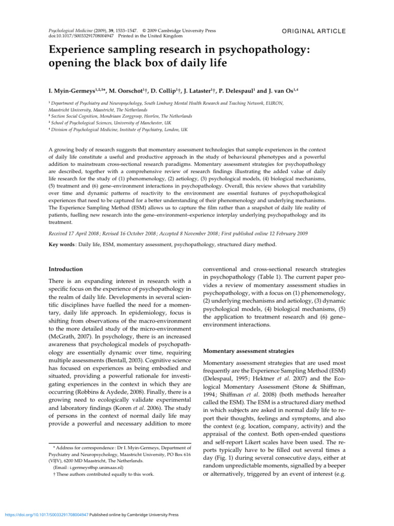 Experience Sampling Research in Psychopathology Opening The Black Box ...