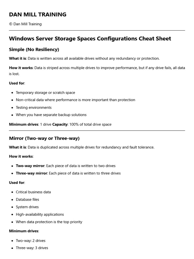 Windows Server Storage Spaces Cheat Sheet | PDF | Backup | Fault Tolerance