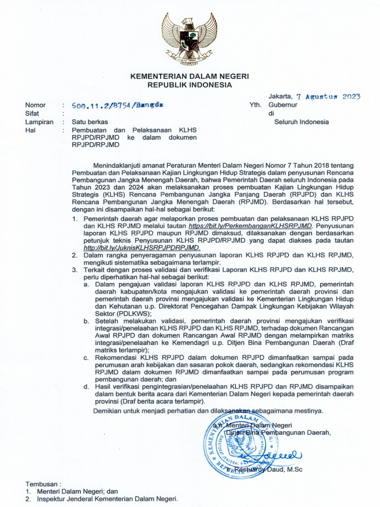 Surat KLHS RPJPD RPJMD Gubernur Edaran Bangda Agustus 2023 | PDF