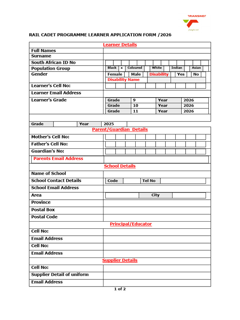 Rail Cadet Application Form Amended 2026 | PDF | Identity Document ...