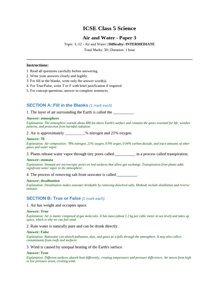 Air and Water - Paper 3 With Solutions | PDF | Atmosphere Of Earth | Water