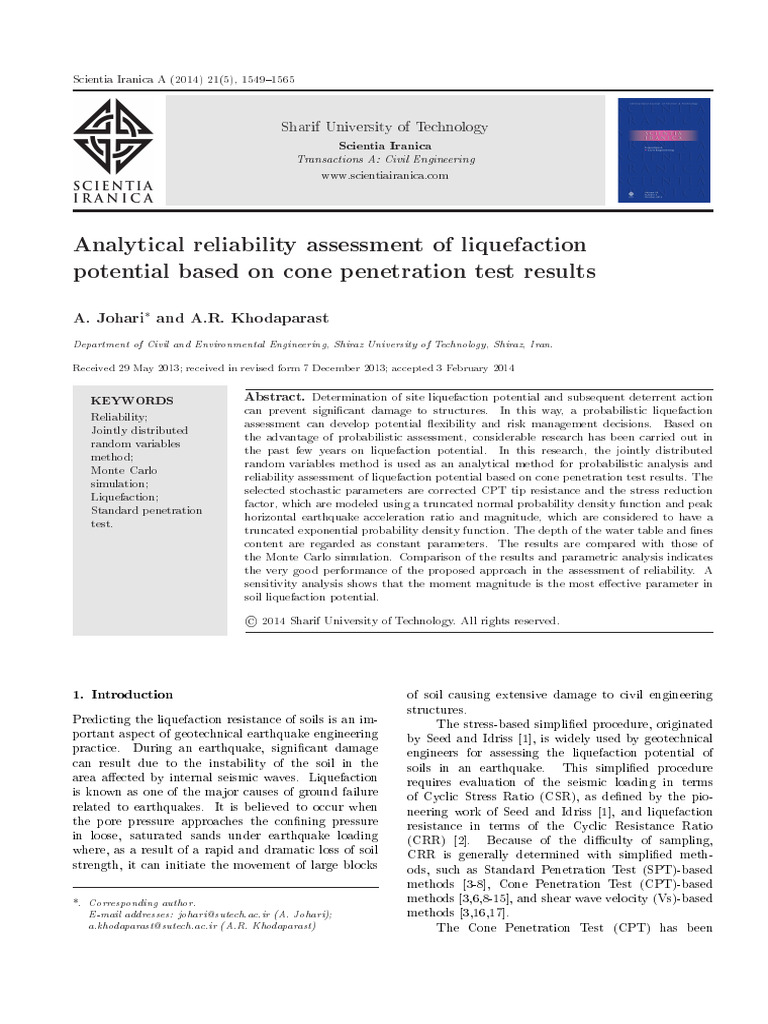 2014.10 - Liquefaction Based On CPT - Johari | PDF | Reliability ...