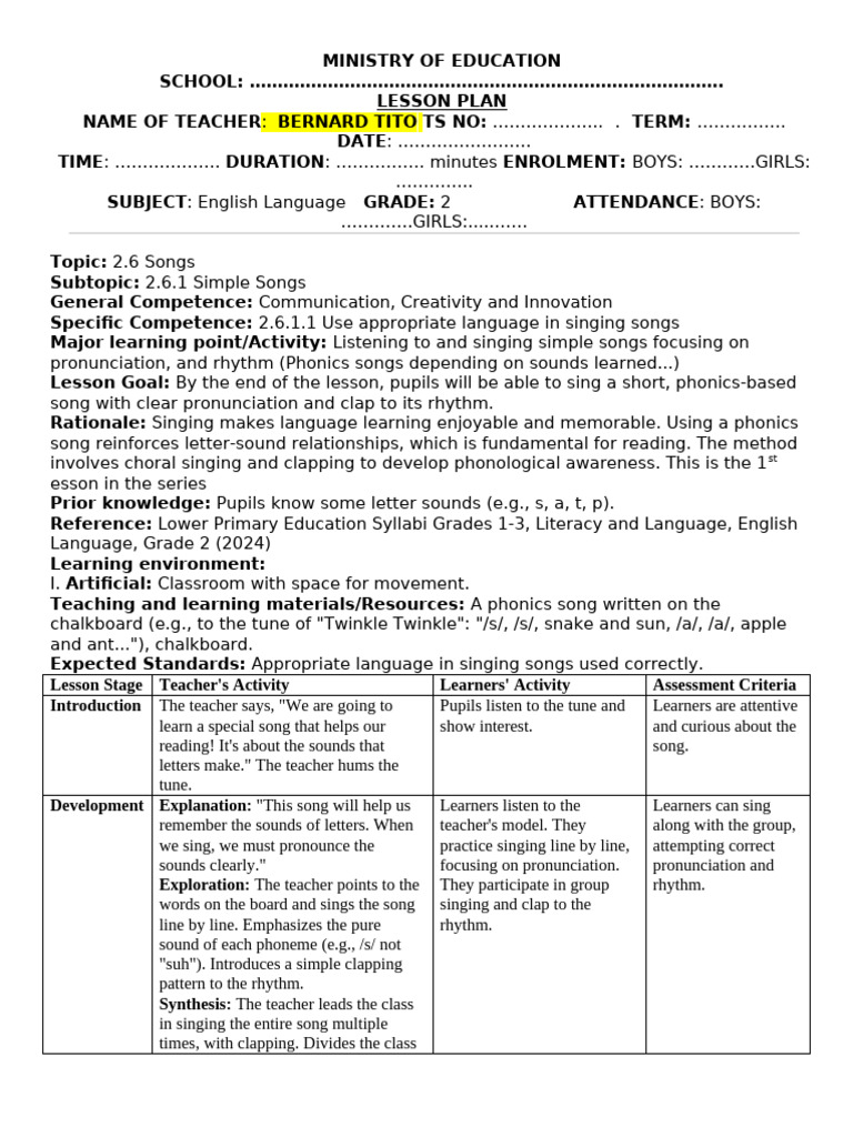 Songs CBC Grade 2 Lesson Plans | PDF | Phonics | Teachers