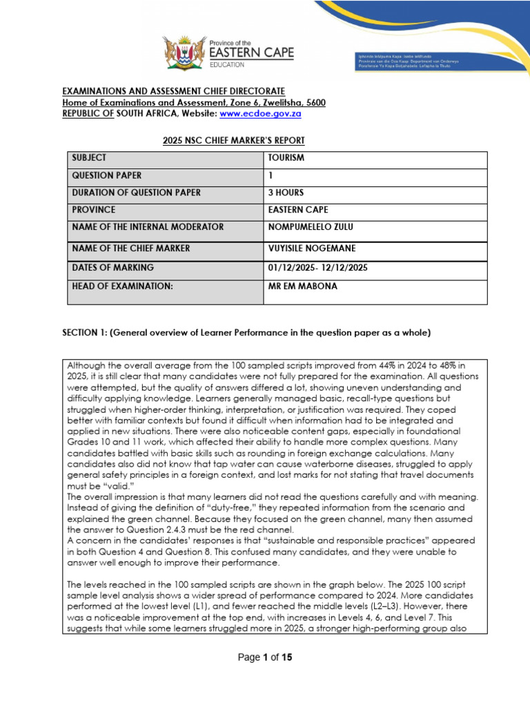 NSC 2025 - Tourism - Chief Markers Report | PDF | Learning | Multiple ...