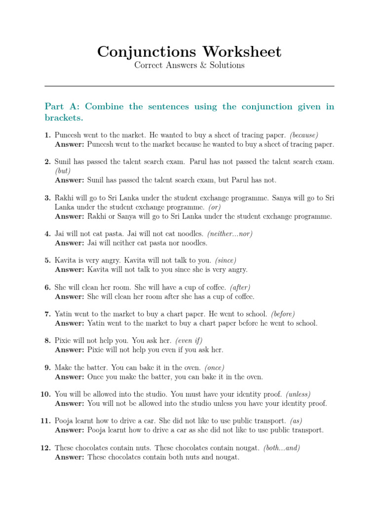 Conjunctions Worksheet Correct Answers & Solutions | PDF | Chess Theory ...