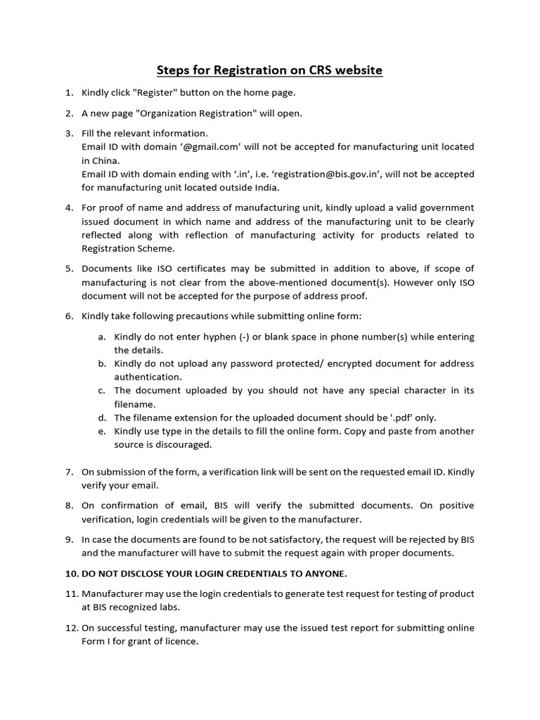 Steps For Registration On BIS | PDF