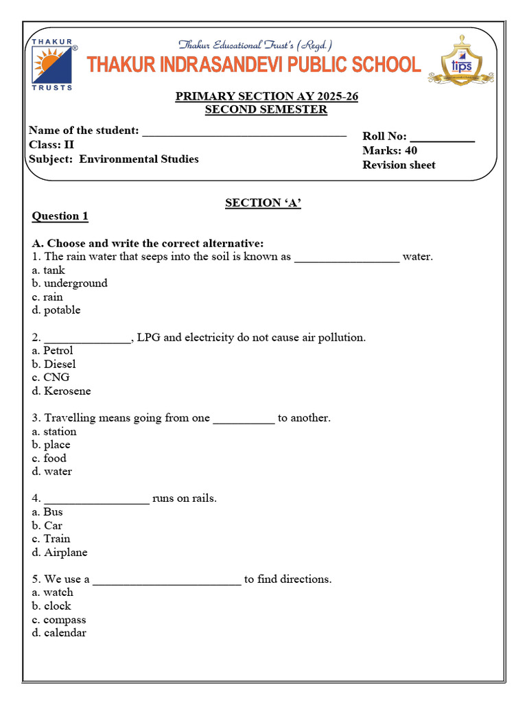 Grade 2 - EVS - Revision Sheet - Sem 2 | PDF | Transport