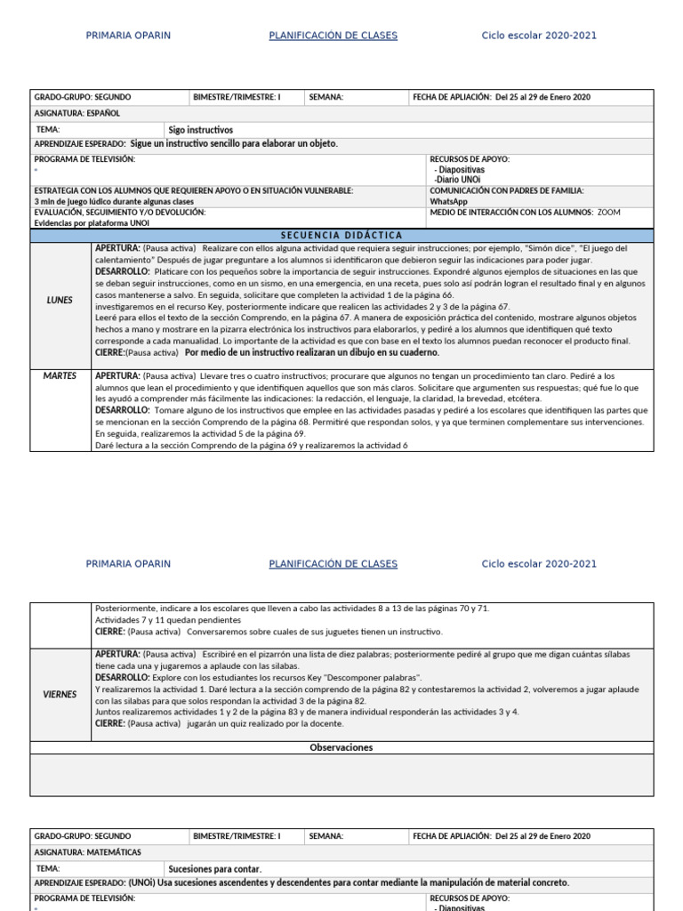 Planeación 2°A Semana Del 25 Al 29 de Enero 2020 | PDF | Aprendizaje