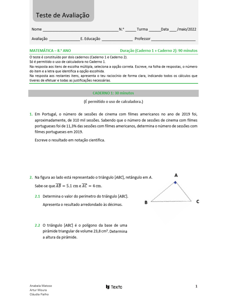 MAT8 NL Teste Mai2022 | PDF | Geometria | Geometria Euclidiana