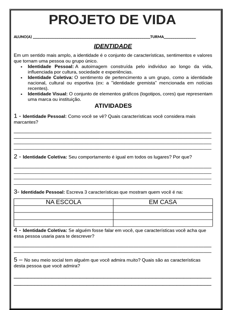 Atividade Projeto de Vida | PDF