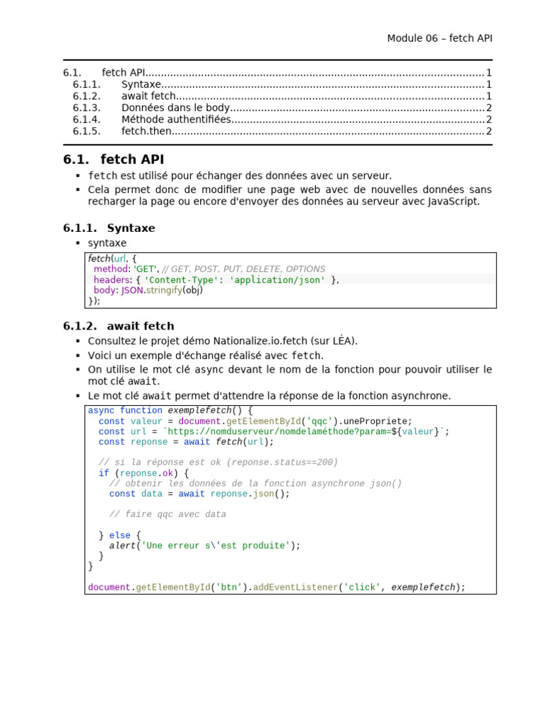 Module 06 - Fetch | PDF | JavaScript | Informatique