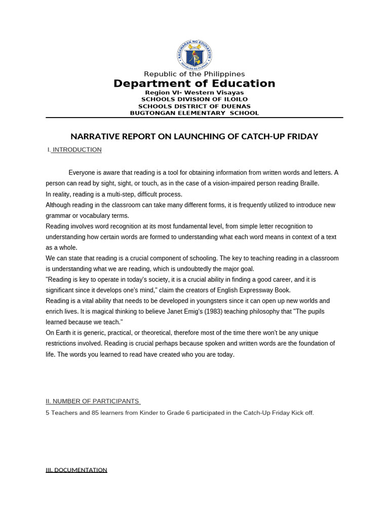 Narrative Report On Catch Up Friday Reading | PDF | Teachers | Learning