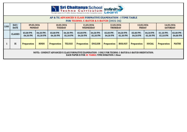 AP & TG Formative Examination-I Timetable For Advanced X Class | PDF
