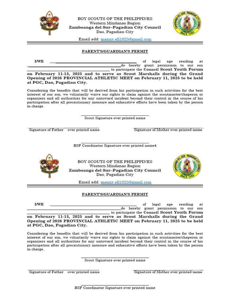 Parents Permit Scout Mareshalls and CSYF | PDF | Youth Organizations ...