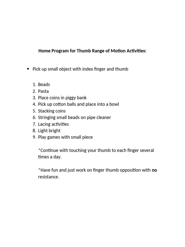 Home Program For Thumb Range of Motion Activities | PDF