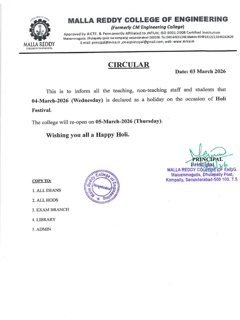 Holi Holiday Circular | PDF