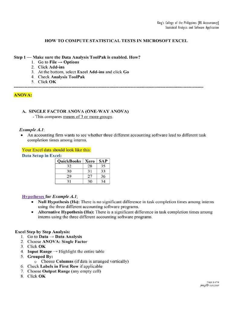 How To Compute Statistical Tests in Microsoft Excel Activity | PDF
