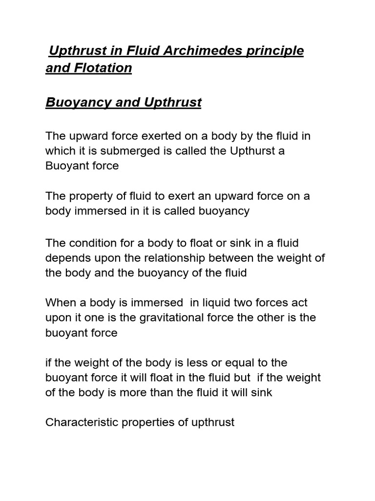 Upthrust in Fluid Archimedes Principle and Flotation | PDF