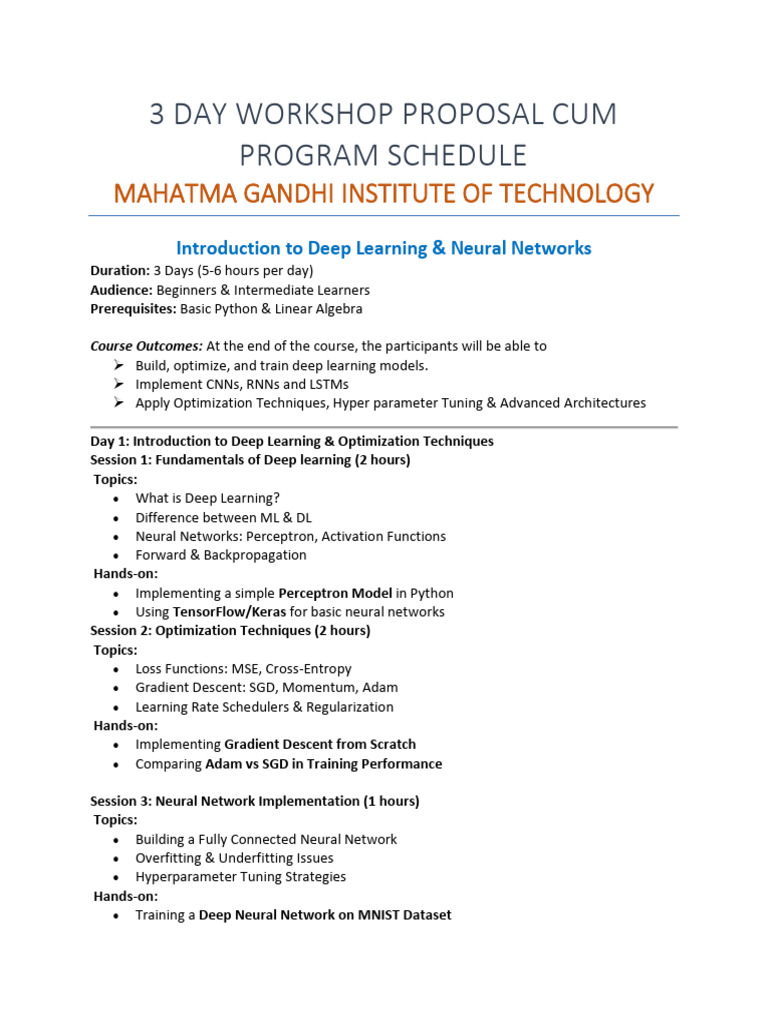 3 Day Workshop Proposal Cum Program Schedule Mgit | PDF | Deep Learning ...