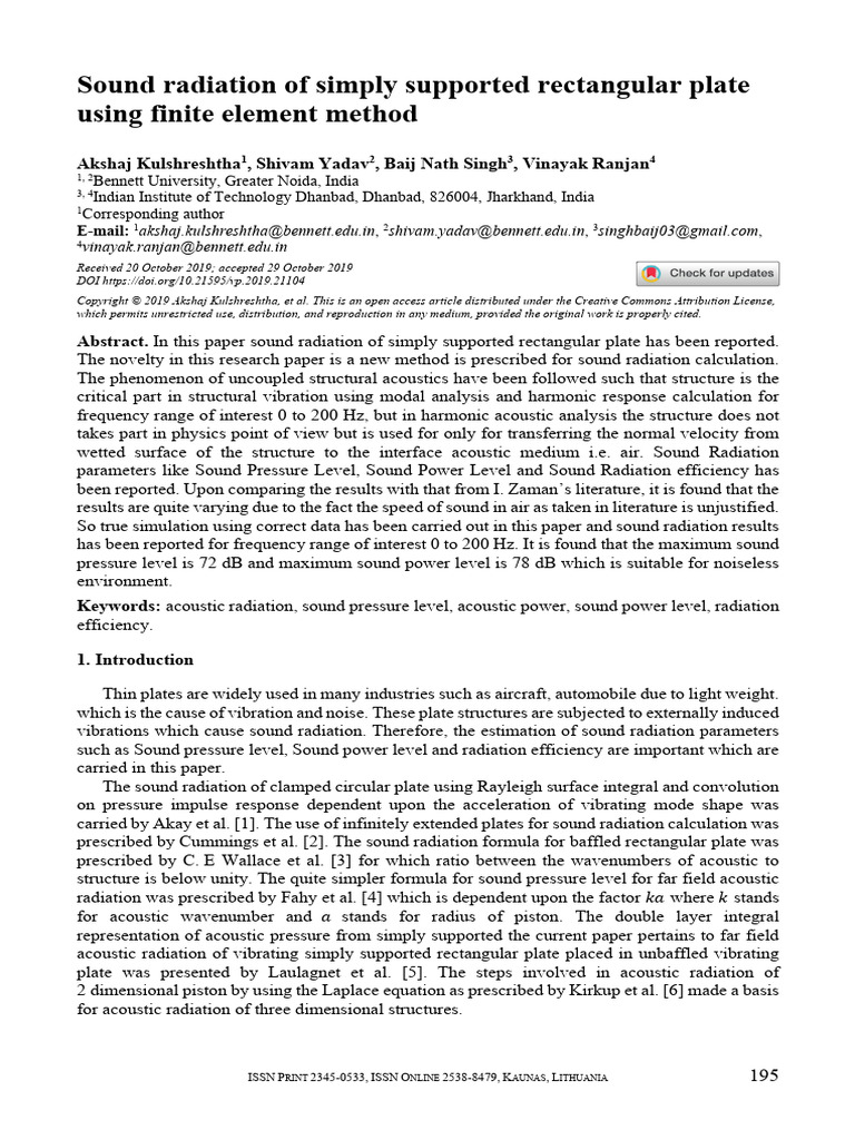 Sound Radiation of Simply Supported Rectangular Plate Using Finite ...