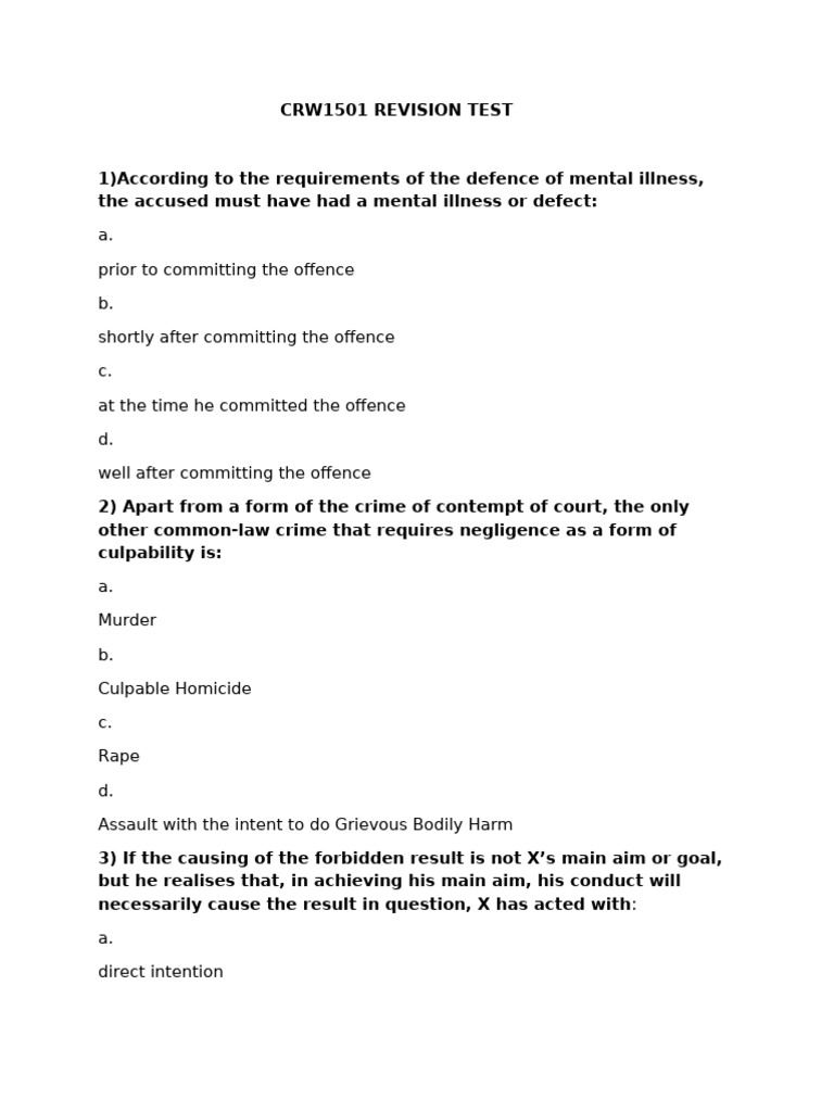 CRW1501 Test Paper Pratice | PDF | Causation (Law) | Crimes